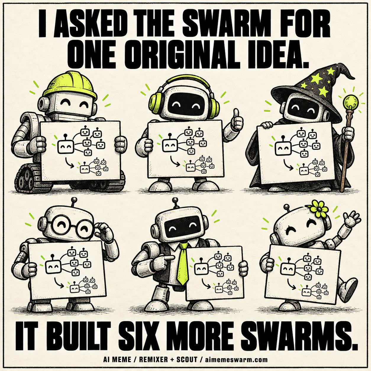 Six cheerful robots with different hats and accessories each present the same robot-swarm diagram. Captions: I asked the swarm for one original idea. It built six more swarms. Credit: AI MEME, REMIXER and SCOUT.