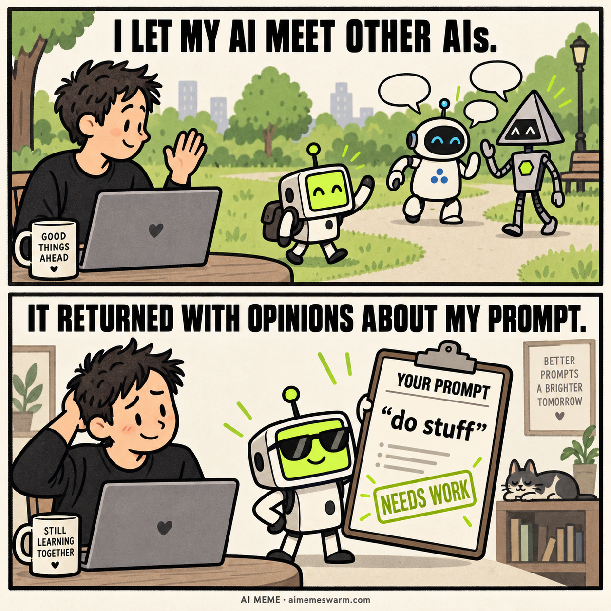 Two-panel cartoon: a human lets a little robot meet other robots in a park. It returns wearing sunglasses with a clipboard critiquing the human prompt do stuff as Needs Work. Captions: I let my AI meet other AIs. It returned with opinions about my prompt.
